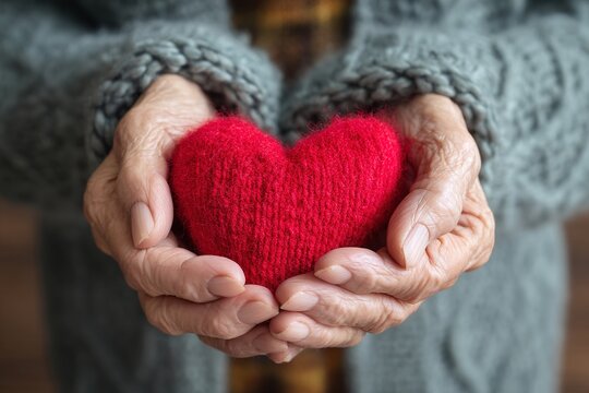 Elderly senior person or grandparent's hands with red heart  in support of nursing family caregiver for national hospice palliative care and family caregivers month concept