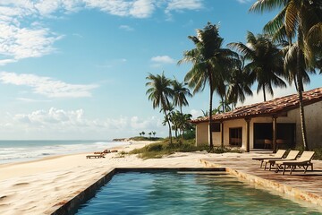 Obraz premium Beachfront Villa with Pool Deck, Lounge Chairs and Palm Trees under Sunny Sky