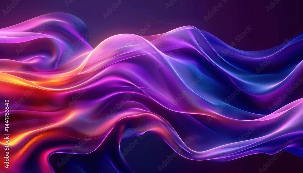 Poster flowing smooth abstract waves of vibrant purple, pink, orange, and blue hues creating a dynamic and 