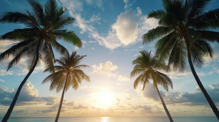 Sunset over ocean with palm trees silhouetted against colorful sky