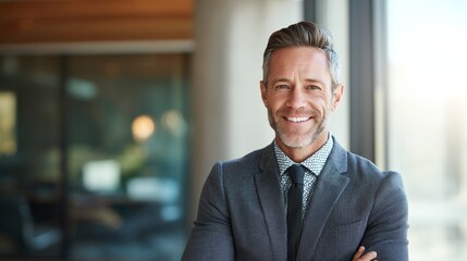 Fototapeta premium Confident business professional smiling, portrait in suit. Success and professionalism in the modern workplace.