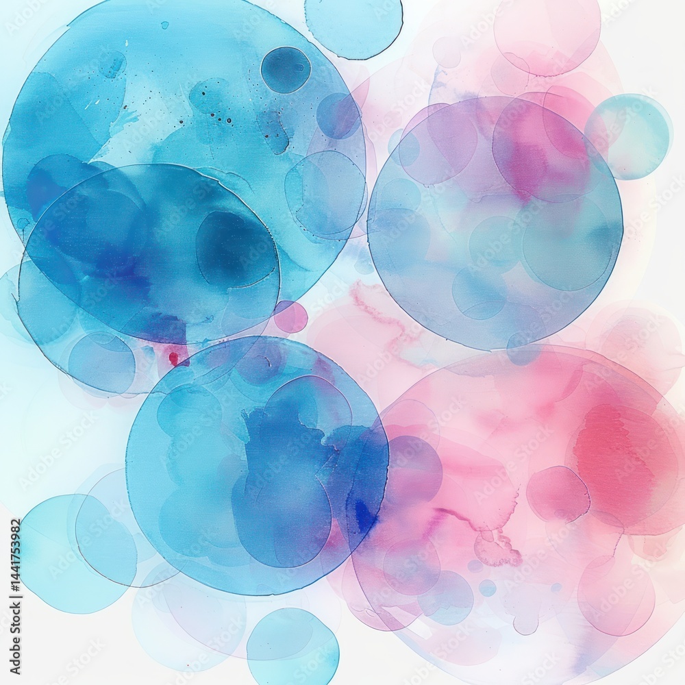 Poster abstract watercolor painting featuring large translucent blue and pink overlapping circles with soft