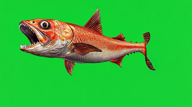 Colorful Fish with Open Mouth Swimming on Bright Green Background