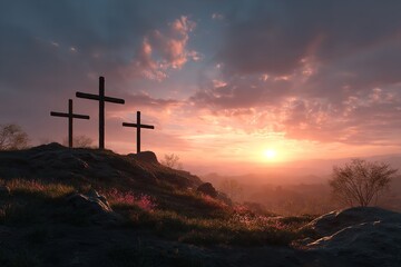 On a hill, three black crosses rise against the setting light. The crucifixion of Jesus Christ is depicted in the religious Easter theme. Generative Ai