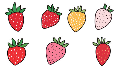 Colorful Hand-Drawn Strawberry Set in Doodle Style Vector Illustration
