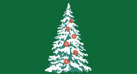 Flat design illustration of a decorated Christmas tree adorned with ornaments, lights, and a star topper, set against a festive background to evoke holiday cheer and seasonal celebration.
