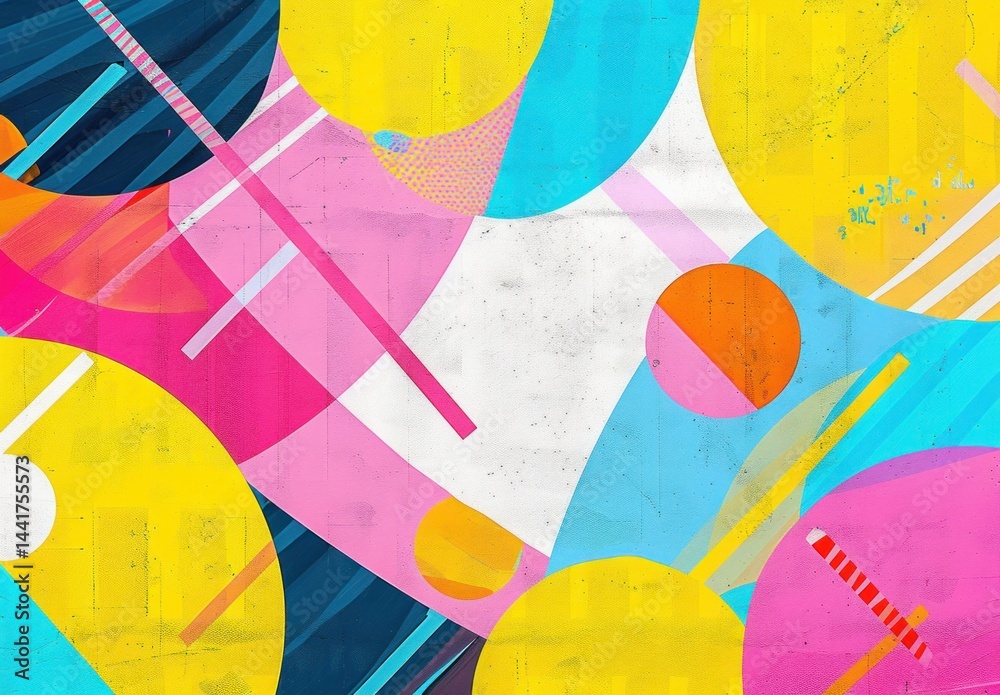 Poster colorful abstract geometric mural with overlapping circles, diagonal lines, and bold vibrant colors 