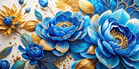 Blue Gold Abstract Floral Painting, Modern Art Canvas Print, Luxury Home Decor, Wall Art, Artistic Floral Design