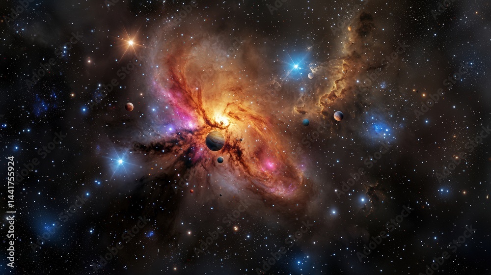 Poster Galaxy formation action celestial space digital rendering cosmic environment wide viewpoint stellar concept