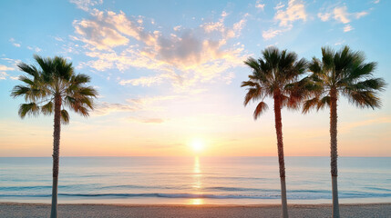 Sunset over calm ocean with palm trees silhouetted against colorful sky