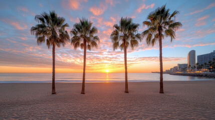Obraz premium Vibrant sunset over serene beach with silhouetted palm trees and city skyline