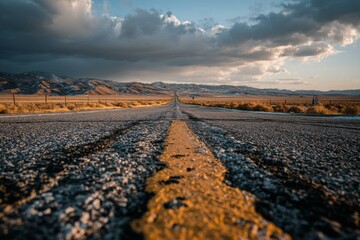 Long, straight road stretches through high desert landscape towards distant mountains under dramatic cloudy sky at sunset