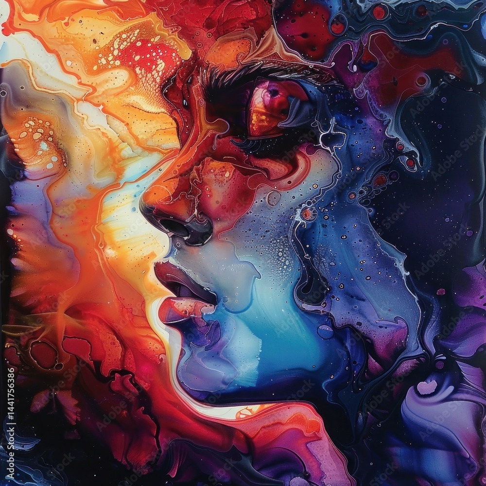 Poster abstract colorful fluid painting of a human face in profile showing expressive eye and flowing vibra