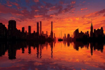 Fototapeta premium Dramatic skyline silhouette against vibrant orange sunset reflected in calm water with a lone sailboat navigating the river