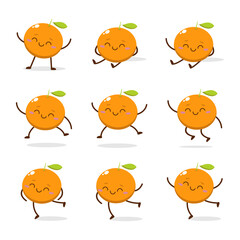 Cute Smiling Orange Character. Kawaii Orange Fruit Mascot Style Vector. Cute vector character set in various action emotions. Collection symbols isolated on a white background