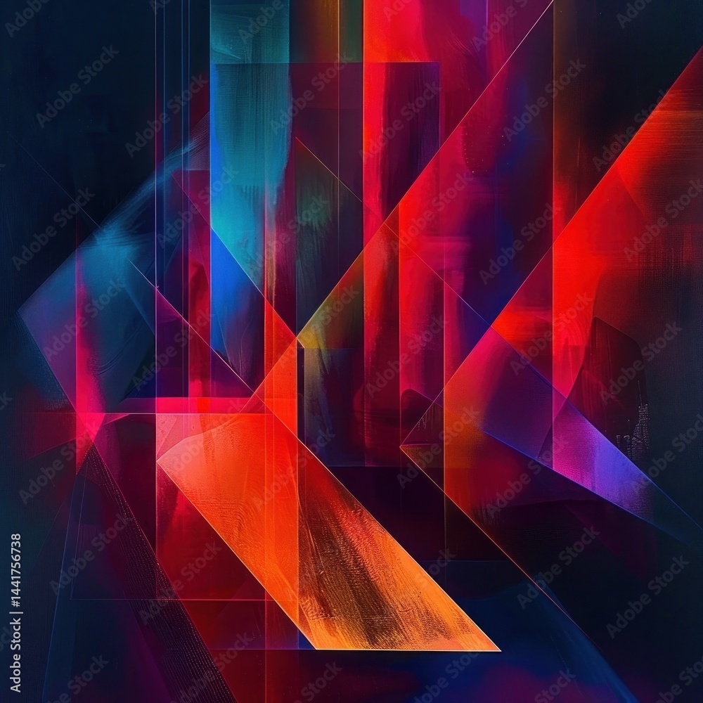 Aufkleber abstract composition of overlapping translucent geometric shapes with vibrant reds, oranges, blues, 