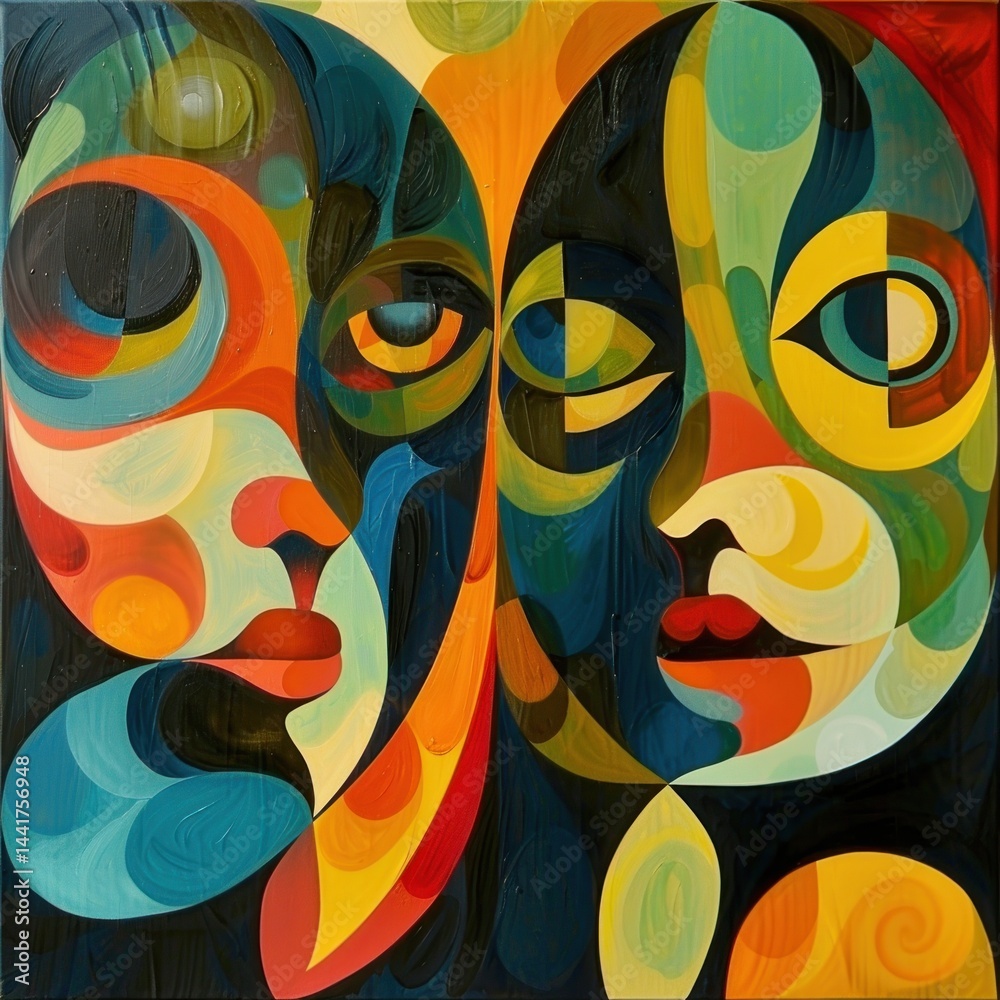 Poster abstract colorful faces with overlapping shapes and expressive eyes evoking curiosity and connection