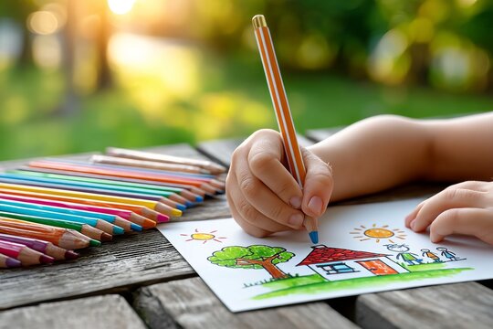  Una mano infantil sostiene un l&aacute;piz azul mientras termina un dibujo alegre de una casa bajo el sol. Una fila de l&aacute;pices de colores se alinea en la mesa al aire libre.


