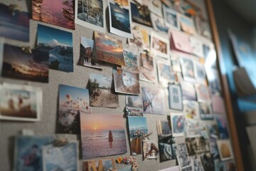 Photographs and Envelopes Pinned to Cork Bulletin Board Displaying Travel Destinations, Landscapes, and Personal Memories