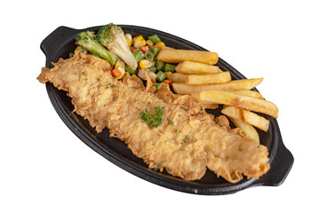 Fish and chips on hot stone plate. Isolated photo perfect for advertising, menu, article or commercial use