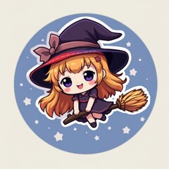Chibi style sticker of a sweet little witch flying on a broomstick.