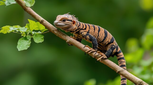 Striped bronzeback lizard observing nature from a branch tropical forest wildlife photography close-up view