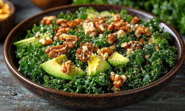 Fresh kale salad with walnuts and avocado served in a rustic bowl on a wooden table