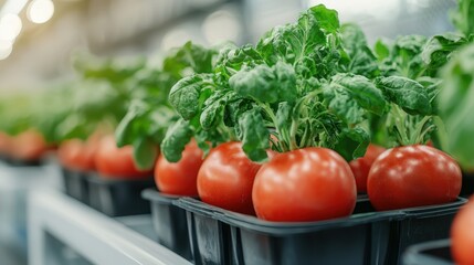 Fresh and Vibrant Tomatoes Growing Alongside Lush Green Spinach Leaves in a Greenhouse Setting