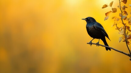 Obraz premium Black Bird Perched on a Branch Against a Bright Yellow Autumn Background
