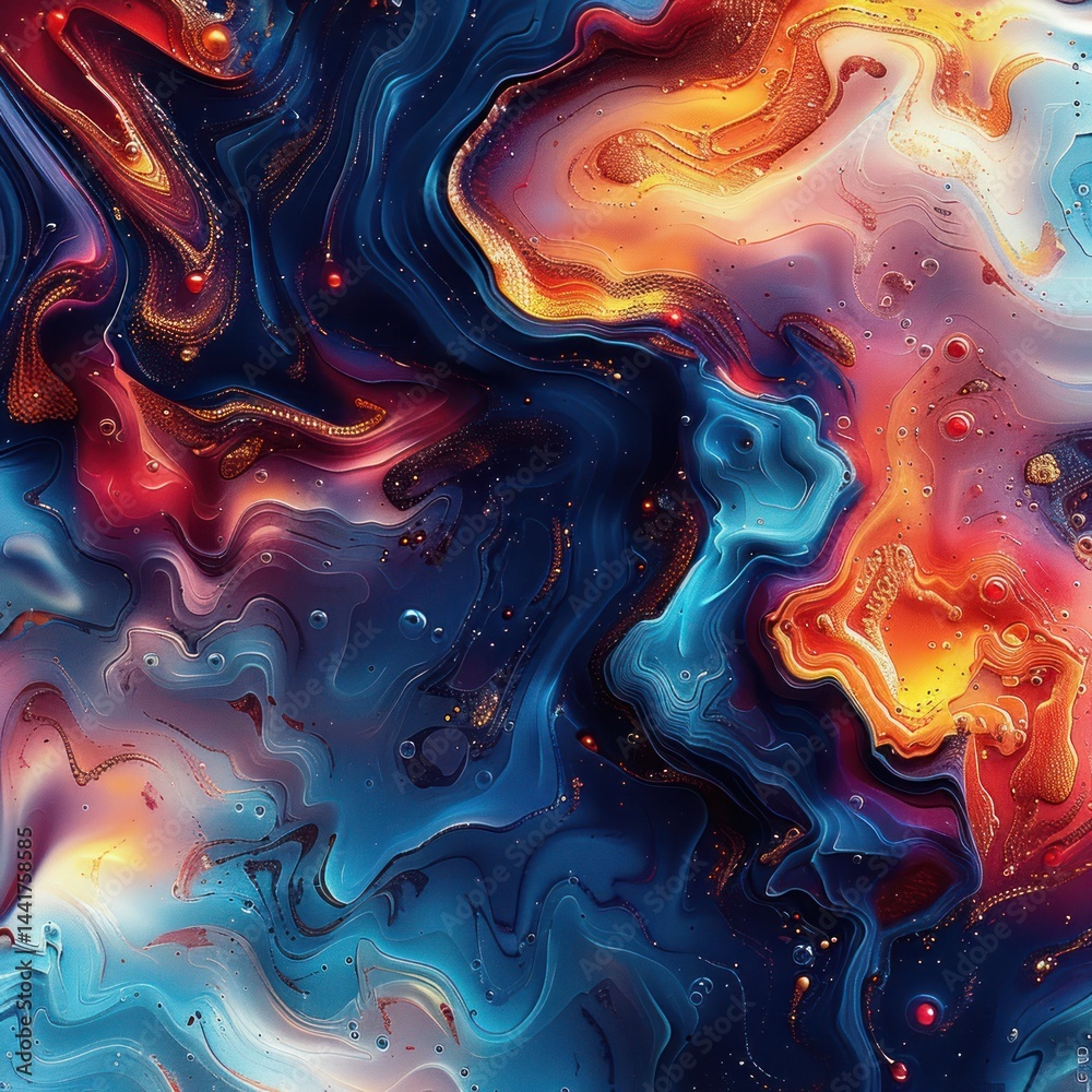 Leinwandbilder vivid abstract fluid patterns with swirling blues, reds, oranges, golds, and creamy whites creating 