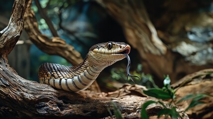Fototapeta premium King cobra encounter in lush forest wildlife photography serene environment close-up view nature's majesty