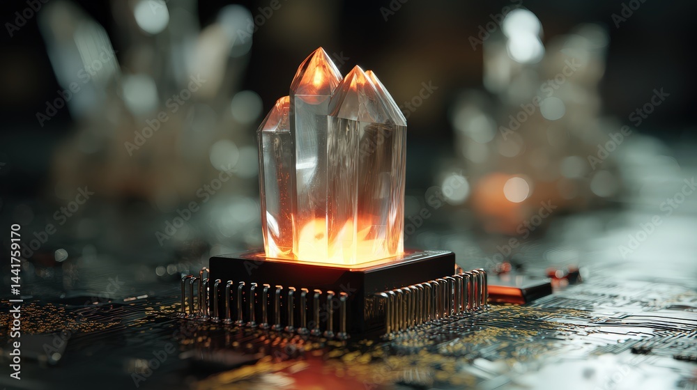 Poster Illuminated crystal positioned on a circuit board demonstrating the fascinating interaction between light and technology