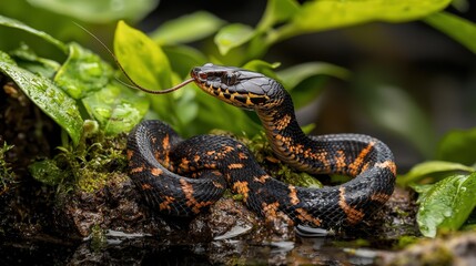 Obraz premium A banded krait exploring a small water source forest wetlands wildlife photography natural habitat close-up perspective