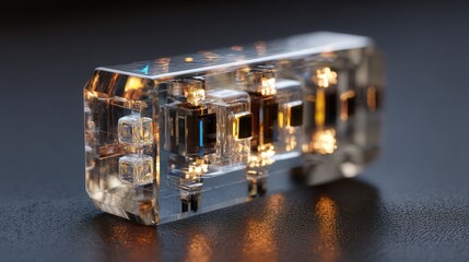 Clear object positioned on a table surface highlighting its transparency and unique design features with light play