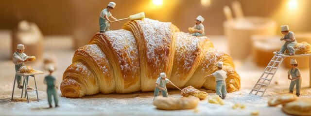 Miniature pastry chefs baking an enormous golden croissant. whimsical bakery, surreal food scene, baking concept, culinary fantasy, cozy kitchen selective focus banner 