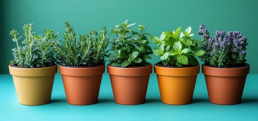 Fototapeta premium Aromatic Herb Collection in Terracotta Pots