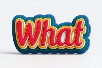 The word 'What' is presented in a layered, textured design, featuring vibrant red letters outlined in white and nestled within yellow, green, and blue borders on a plain white background.