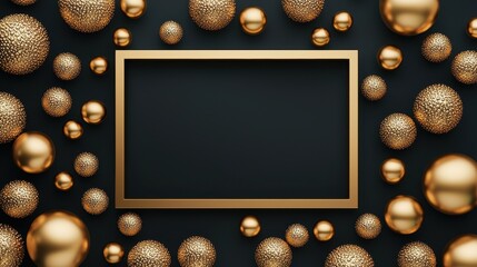 Fototapeta premium Elegant Gold Spheres and Frame on Dark Background for Creative Design and Artwork Presentation