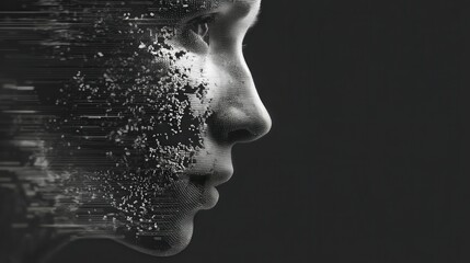 Woman's face merging with digital interface: artistic representation of the intersection of humanity and technology