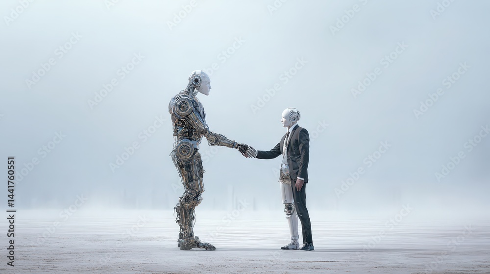 Aufkleber human and ai businessperson engaging in a collaborative gesture as a robot shakes a man's hand in a 