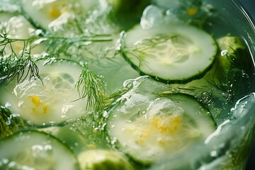 Cucumber Slices with Fresh Dill and Bubbles Floating in Refreshing Water Detail