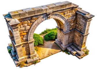 Drone Photography Stone Arch White Background, Aerial View Stone Bridge, High-Resolution Arch Image, Isolated Stone Arch, Architectural Drone Shot