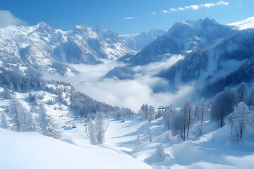 Fototapeta premium Winter Wonderland in Snowy Alpine Mountains for Seasonal Decor and Travel Inspiration
