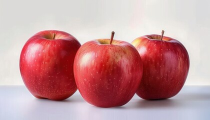 Three fresh red apples with stems on a smooth white surface against a soft neutral background, showcasing natural texture and vibrant color