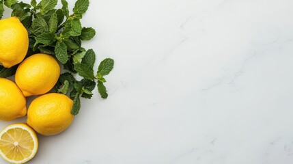 Fresh Lemons and Mint Leaves on Marble Surface Ideal for Healthy Cooking and Refreshing Recipes