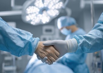 Surgeon, surgical doctor, anesthetist or anesthesiologist holding patient's hand for health care trust and support in professional surgical operation, medical anesthetic safety, ER healthcare concept