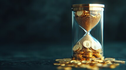 Golden Hourglass Filled with Sand and Bitcoin Coins Symbolizing Time and Wealth Investment Concepts
