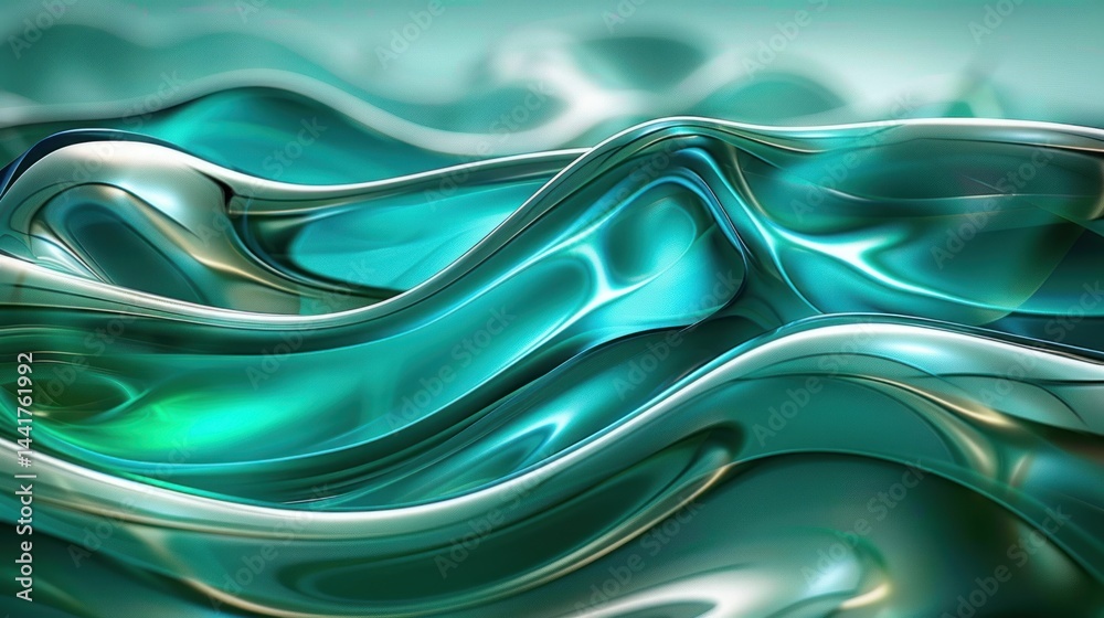 Leinwandbilder Smooth flowing translucent waves in teal and silver hues creating a futuristic and calming abstract landscape