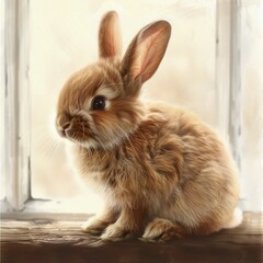 Obraz premium adorable small brown fluffy rabbit sitting on a wooden surface near a window with soft natural light creating a warm and gentle atmosphere
