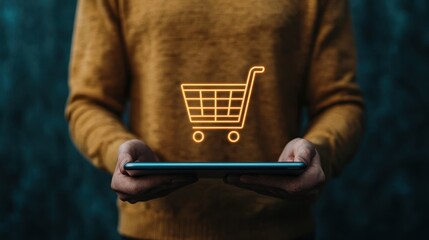 Person Holding Tablet with Shopping Cart Icon for Online Shopping and E-commerce Concept